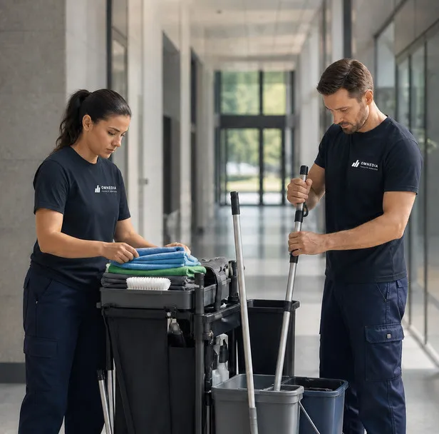Facility-Team bereitet gemeinsam einen Reinigungseinsatz vor