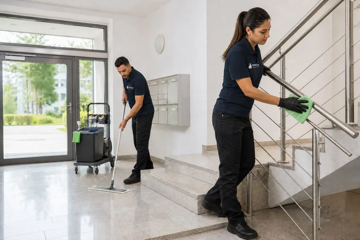 Reinigungsteam bei der Pflege eines gemeinschaftlich genutzten Treppenhauses